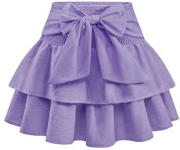 Timormode Women's Bow Mini Skirt High Waisted Ruffle Hem Short Skirts Cute A-Line Layered Skater Skirt TMS8005 Lilac XL