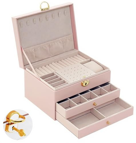 Mujiluxe Portagioie Impilabile a 3 Ripiani Scomparti,portagioie Da Viaggio, Serratura E Chiave E 2 Cassetti, Per Anelli, Orecchini, Bracciali E Collane (Rosa)