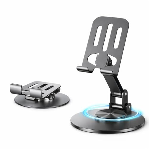 Mizi Universal Metal Phone Stand - 360°/720° Adjustable Rotation Desk Holder, Foldable & Stable with Non-Slip Weighted Base, Compatible with iPhone 17/16/15/14/13/12 Pro Max & All Smartphones - Grey