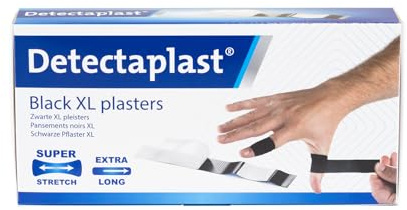Detectaplast Elastic Pflaster, schwarze Pflaster für die Küche, bei Heimwerkerarbeiten, in der Werkstatt oder auf der Baustelle, 180 x 20 mm, 50 stück