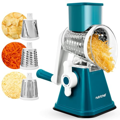 Nutrichef Râpe à Fromage 3 en 1 avec Base à Succion Forte – Râpeuse Rotative Manuelle avec Verrou de Sécurité, Manivelle et 3 Lames Tambour pour Râpage Fin, Moyen et en Bandes (Vert)