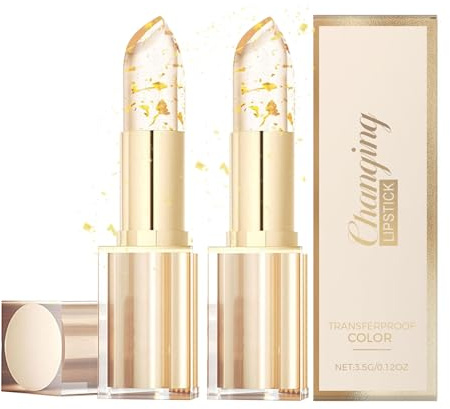 Thermoaktiver Lippenstift, Lipstick mit Blattgold, feuchtigkeitsspendende Gold Lippenstifte 24 Stunden Halt, PH farbwechselnder Lippenstift, Lippenpflegestift für einen individuellen Look, 2 Stück
