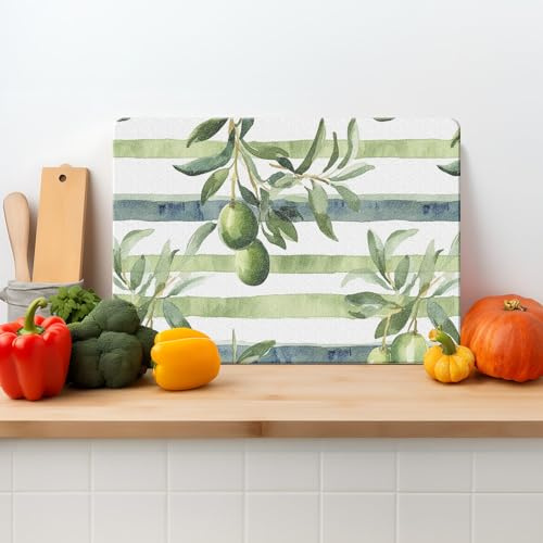 Glass Chopping Board – Textured Tempered Glass Worktop Saver – Botanical Olives – 39 x 29cm – Non Slip, Easy Clean