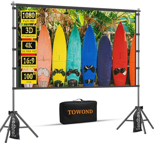 TOWOND Projector Screen, 100 inch Portable Projector Screen and Stand Outdoor Rear Front Projection Screen 16:9 4K HD Movie Screen with Carry Bag for Indoor Home Theatre and Backyard Cinema Nights