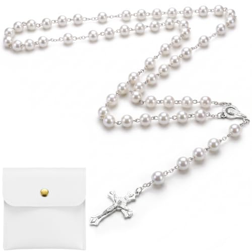 TIHNY Katholischer Rosenkranz Weiß, Halskette mit 80cm/31 Glasperlen und Kruzifix-Anhänger, Unisex Gebetskette für Damen und Herren, Inklusive Geschenbbeutel