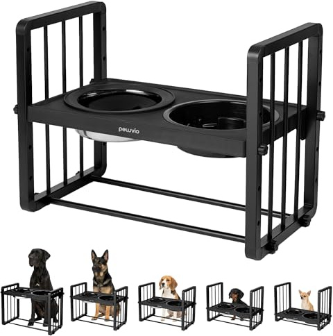 Peluvio Levee Erhöhter Hundenapf Futternapf Hund Höhenverstellbar 5 Stufen | mit 10° Neigung für Natürliche Fresshaltung, Metall Napfständer Slow Feeder Napf 1100 ml, Wassernapf 1450 ml mit Anti-Splash