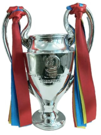 KUNYOS Champions League Pokal Nachbildung, Silber, 3 16 cm, 32 cm, 44 cm, mit roten, gelben und blauen Bändern, Sammlerstück, Geschenk (16 cm)