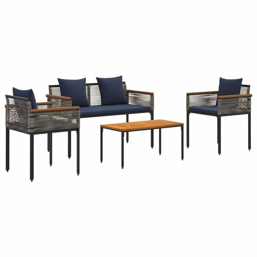 Foknhdi Gartenmöbel Set 4-TLG Grau Marineblau PE-Rattan Sitzgruppe mit Bank 2 Sessel Tisch wetterfest platzsparendes Set für kleinen Terrasse Garten