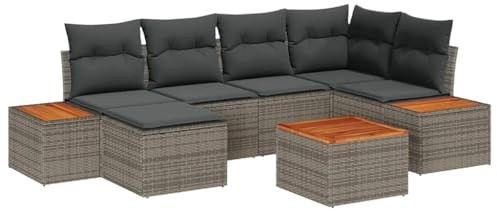 Mhdvray 7-TLG Garten-Sofa-Set Grau Poly-Rattan wetterfest modular mit Kissen für 6 Personen 3-Sitzer Eckbank Couchtisch Balkon Terrasse Modernes Design für kleine Balkone und große Gärten
