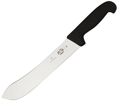Victorinox Fibrox Cuchillo de carnicero, cuchillo largo para trocear grandes piezas de carne, 25 cm, hoja curva, afilado, acero inoxidable, negro