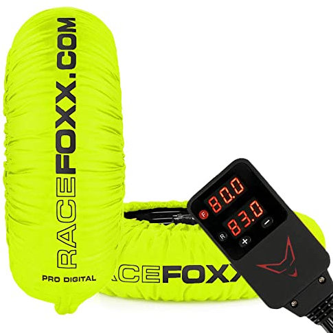 RACEFOXX PRO DIGITAL Reifenwärmer Tyre Warmers bis max. 99° C Superbike, 120/17 vorne und 180 bis 200/17 hinten für Motorrad Rennsport Heizdecken neon gelb