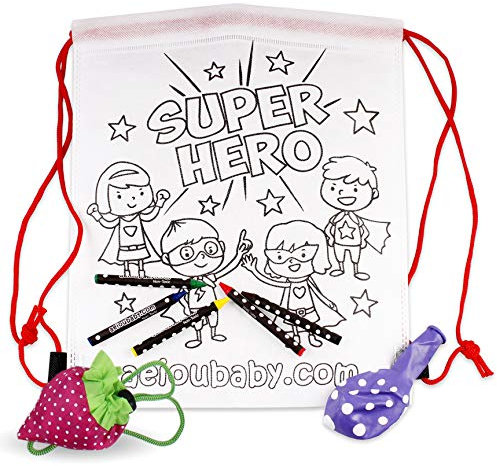 25 Mochilas para Colorear + 1 Bolsa Reutilizable | 25 Bolsas Individuales con 5 Ceras de Colores y Globo | Regalo niños Fiestas y cumpleaños (Héroes)