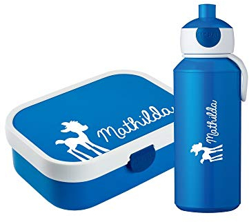4youDesign Set: blaue Brotdose & Trinkflasche -REH- mit Namen für Kinder, 6 Farben, 3 Motive, inkl. Dosen-Einsatz, Gabel & Pop-Up Flasche für Schule (Bambi Blau)