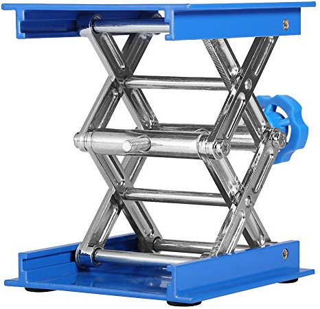 Piattaforma elevatrice laboratorio, 100 x 100mm Blu in alluminio Resistente Supporto laboratorio Stand di sollevamento Piattaforma regolabile Altezza 45-158mm Sollevatore a forbice