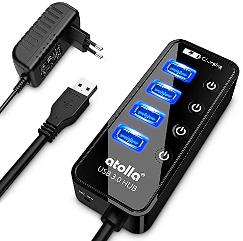 Atolla USB 3.0 Hub mit Strom versorgt, USB Hub mit 4 Ports Steckdosenleiste mit individuellen EIN-/Aus-Schaltern - inkl. Netzteil