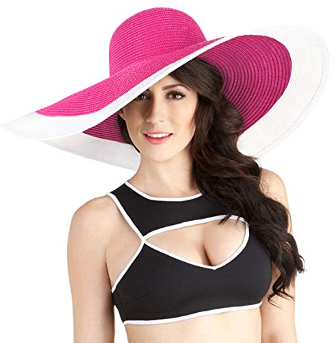Femme Paille Bord Large Chapeaux Souple Plage Soleil Chapeau (Rose)