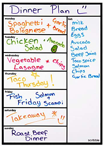 Scribble Magnetic Whiteboard Fridge Calendar - Meal Planner and Shopping List White Board – Large A3 Memo Board & Family Planner Notice Board - Weekly