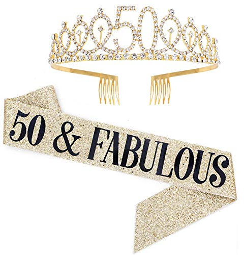 Leixi 50 and Fabulous Sash & Rhinestone Tiara Set - 50th Birthday Gifts Birthday Sash for Women Birthday Party Supplies (Gold)