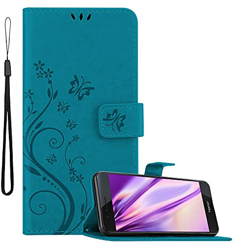 cadorabo Coque Compatible avec Honor 8/8 Premium en Bleu Floral - Housse Protection en Design de Fleur avec Fermoire Magnétique, Stand Horizontal et 3 Fentes Cartes - Etui Poche Folio Case Cover
