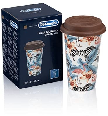 De'Longhi Travel Mug, Thermos à double paroi pour boissons chaudes et froides, facile à transporter, étui antidérapant en silicone, 300 ml de capacité, DLSC067, Marron