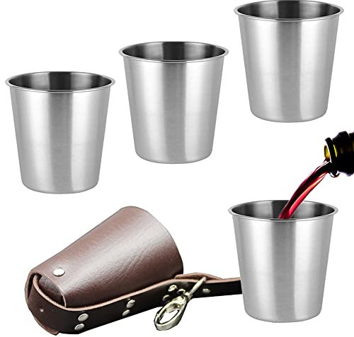 XUSUD 4 Pcs Mini Stainless Steel Cups 70ml Shatterproof Outdoor Cup Mug Reusable Stackable Drinking Glass with Leather Case for Picnic Wine Hiking Camping Beer Party Whiskey