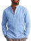 NANAMEEI Men Linen Shirt Mens Long Sleeve Henley Shirts Band Collar Shirt Light Blue XL