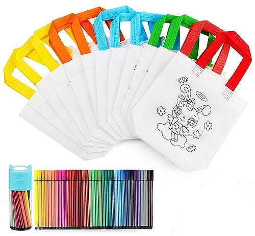 Homewit DIY Kinder Stoffbeutel Set 12 Stück Stoffbeutel zum bemalen Non-Woven Tasche Zum Bemalen & 36 Farbe Buntstifte für Geburtstagsfeier, Geschenke, Schulen, Kindergarten und Feiern