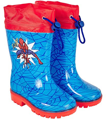 PERLETTI Stivali Pioggia Bambino Spiderman Azzurri - Stivaletti Impermeabili Spiderman Bimbi con Bordo Rosso - Galosce Bambini Uomo Ragno con Suola Antiscivolo e Chiusura a Coulisse (Azzurro, 28/29)