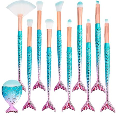 Make Up Pinsel Set,3D Meerjungfrau Makeup Pinsel 11 Stück Professionelle Kosmetik Schminkpinsel für Foundation, Pudercreme, Rouge, Lidschatten, Augenbrauen, Eyeliner