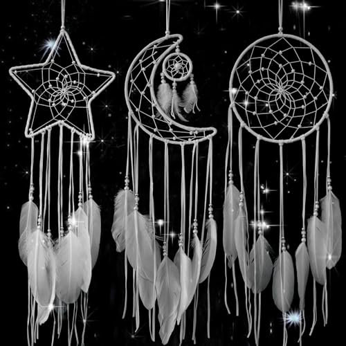 Traumfänger in Stern-, Mond- und Sonnenform, 3 Stück, Heimdekoration, und Baby-Kinderzimmer-Zubehör – Traumfänger mit Feder-Dekoration – einzigartiger Wandanhänger für Zuhause (White)