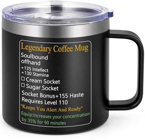 LiqCool Funny Gaming Mug, 14 Oz Legendary Insulated Coffee Mug, Valentine’s Day Gifts for Men Boyfriend Brother Husband Wife, LOL DND Mug for Nerdy Guy Gamer and Coffee Lover, Stainless Steel(Black)