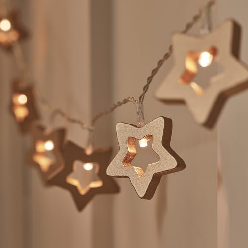 Lights4fun 20 Dimmable Warm White LED Night Light Wooden Star String Fairy Lights Battery Operated with Timer and Remote Control Indoor Use