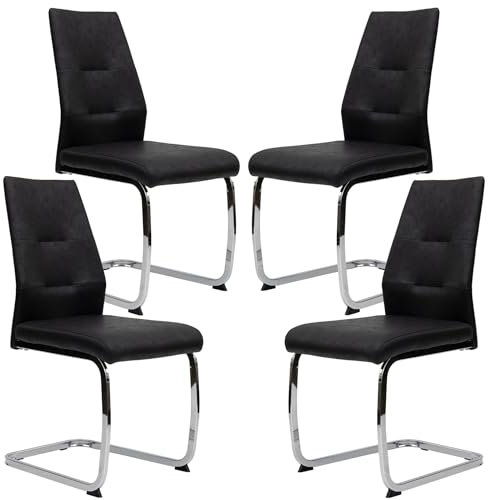 Moderne Esszimmerstühle in Lederoptik - gepolsterte Freischwinger mit robustem Metallgestell - pflegeleichte Schwingstühle mit atmungsaktiver Oberfläche, Farbe:Schwarz mit Chrombeinen, Menge:4 St.