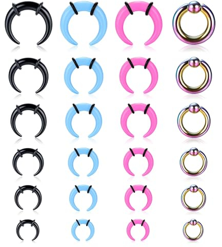 Kakonia 24 PCS Acryl Septum Pincher Septum Ringe C Form Buffalo Septum Stretching Kit Edelstahl Stretcher Expander Piercing Tapers für Frauen Männer 14/12/10/8/6/4G Septum Schmuck