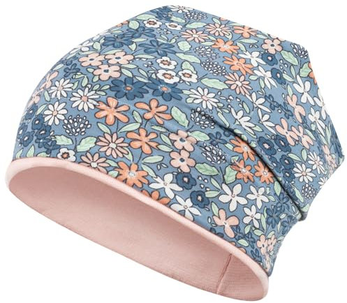 Smarilla Mädchen Mütze Übergangsmütze Beanie Blumen Frühling Herbst Baumwolle, Bekleidungsgröße: 46-48, Farbe: Blau-Aprikot