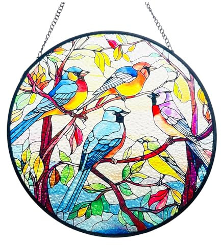 BDHRKTE Buntglas-Fensterbehang, Kolibri-Sonnenfänger mit Metallkette, Buntglasscheiben, Sonnenfänger für Fenster, zum Aufhängen an Wand und Heimdekoration (5 Vögel)