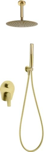 IMEX - Ducha Empotrada Techo Monomando Dorada | Kit de Grifería Empotrado con Alcachofa y Rociador Antical Efecto Lluvia | Columna Ducha Empotrada en Latón y Acero Inox S.304 | Serie Paros