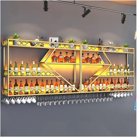 Weinregal zur Wandmontage, mehrstufige Lichter für Weinflaschen, Haken für Weingläser, schwimmende Regale für Bars, Weinflaschen-Präsentationsregal aus Eisen, Hängehalter für Weinbecher, geeignet für