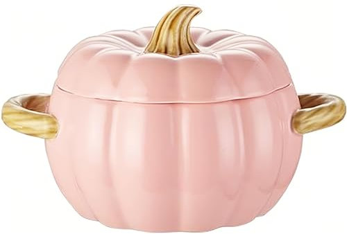 Maxspace Schmortopf mit Deckel, 17cm 1,9L Keramik Kürbis Suppenschüssel, Niedliche Schmorpfanne für Backofen Geschirrspüler Mikrowelle Ofen (Rosa)