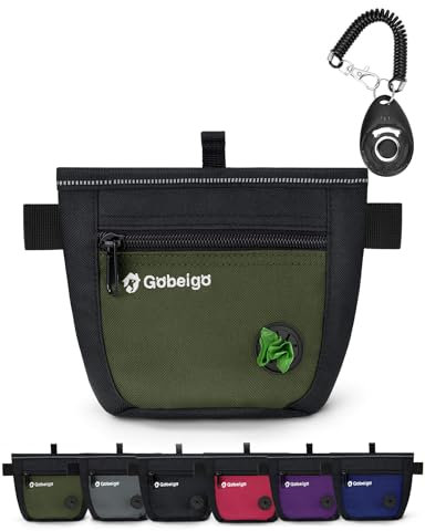 Gobeigo Hunde Leckerlibeutel und Training-Clicker, Zwei magnetische Verschlüsse gegen Verschütten, 2-Tassen Leckerlitasche mit Hundekotbeutel-Spender, Metall-Clip Gürteltasche für Hundespaziergang
