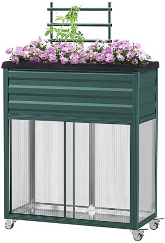 Outsunny Hochbeet mit Rankgitter, Anzuchtbeet mit Ablagefläche, Rollen, Blumenkasten für Terrasse, Balkon, Verzinkter Stahl, 85 x 40 x 135 cm, Grün