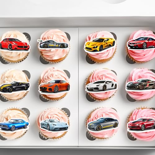 24 x Sports Cars Motor Racing Edible Wafer Paper Cake Toppers | Precut, Decoration