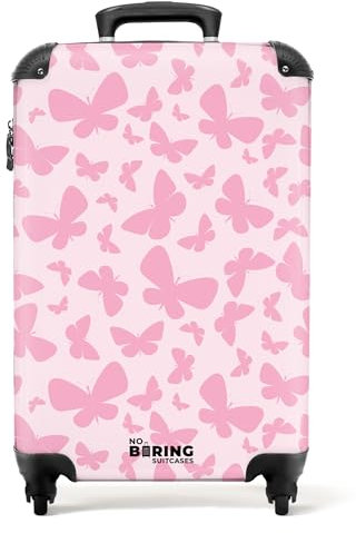 NoBoringSuitcases.com Kinderkoffer Mädchen, Koffer Kinder, Kinder Reisekoffer, Handgepäck Koffer, Koffer Mädchen, Koffer Klein, Suitcase, Handgepäck 55x40x20 cm (Rosa Schmetterlingsmuster - Hellrosa)