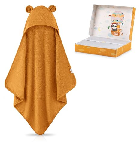 FUCHSUNDPANDA Fuchs&Panda Kapuzenhandtuch Baby EXTRA dick, warm & weich | 75x75cm Babyhandtuch mit Kapuze (100% Bambus) | Baby Handtuch Kapuze mit toller Geschenkverpackung (Lehm-braun)