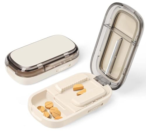 Tablet Divider for All Tablets, Tablet Cutter for Small and Large Pills, 2-in-1 Tablet Cutter & Storage Compartment and Blades, Tablet Splitter Pill Cutter (Milky White)