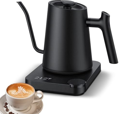 Hervidor Eléctrico de Cuello de Cisne, 0,9 L, Acero Inoxidable, Negro, 1200W, Control de Temperatura, para Té y Café