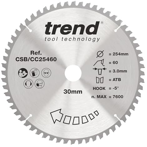 Trend 254mm 60T TCT Mitre Saw Blade, 30mm Bore, Fine Cut Finish | Precision TCT Blade For Fine Crosscuts In Wood, With 30mm Bore, 3mm Kerf And -5° Hook, CSB/CC25460