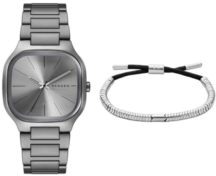 Skagen Herren Mellem Graue Edelstahl Uhr und Pelle-Armband Silberfarben, Set