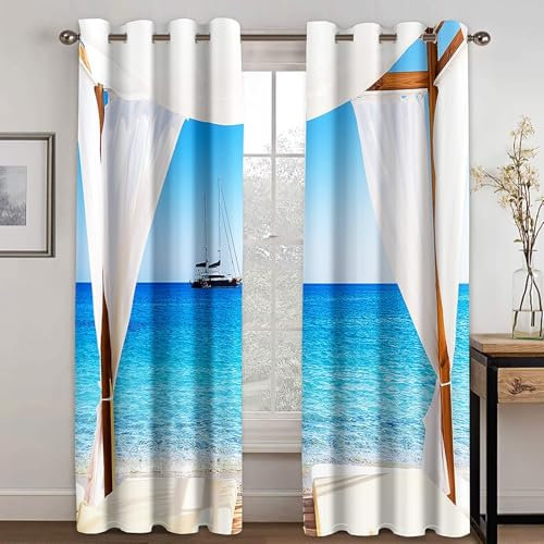 Mesnt Thermovorhang mit Ösen, 234x244cm Blau Weiß Seeschiff und Strandkörbe Vorhang für Schlafzimmer