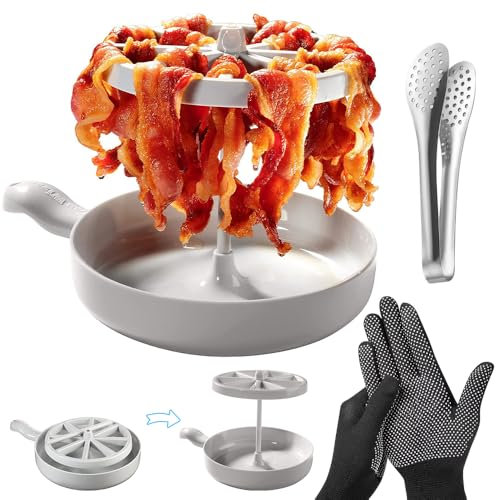 LUFEIS Microwave Bacon Cooker, Reusable Microwave Bacon Rack Vertical Hanger Tray, Multifunctional Microwave Barbecue Grill with Kitchen Tongs and Anti-Scald Gloves, Bacons Cooker for Oven Cooking